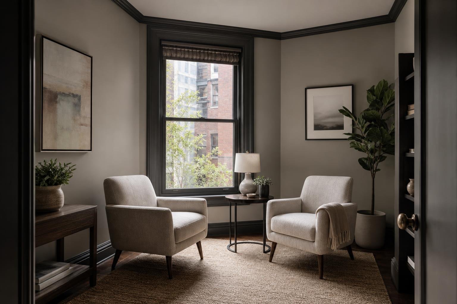 A quiet, modern sitting room with two upholstered armchairs, a small side table, framed wall art, and a window looking outside.
